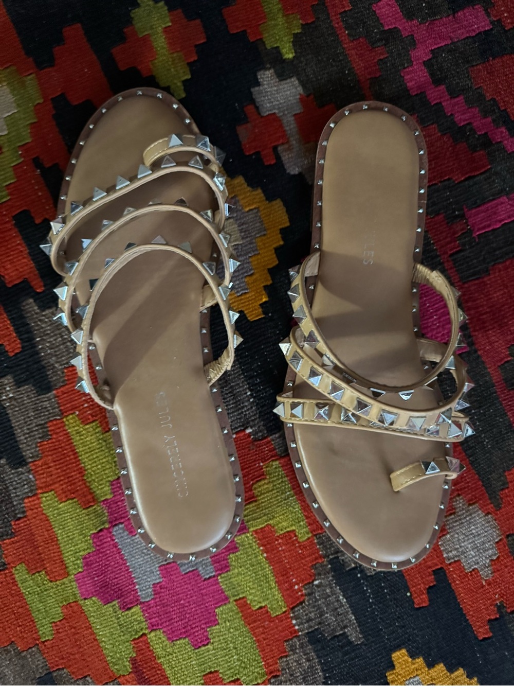 Sincerly Jules Tan Studded Multi-Strap Slide Sandals